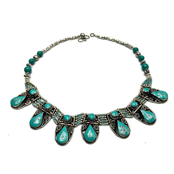 Vintage Tibetan Silver & Turquoise Statement Necklace—Multi-Teardrop Pendant EUC - Picture 9 of 10